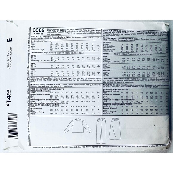 McCalls 3382 Misses Bias Skirt Blazer Pants EASY Sewing Pattern PLUS Sz 14-20 UC - Picture 2 of 2